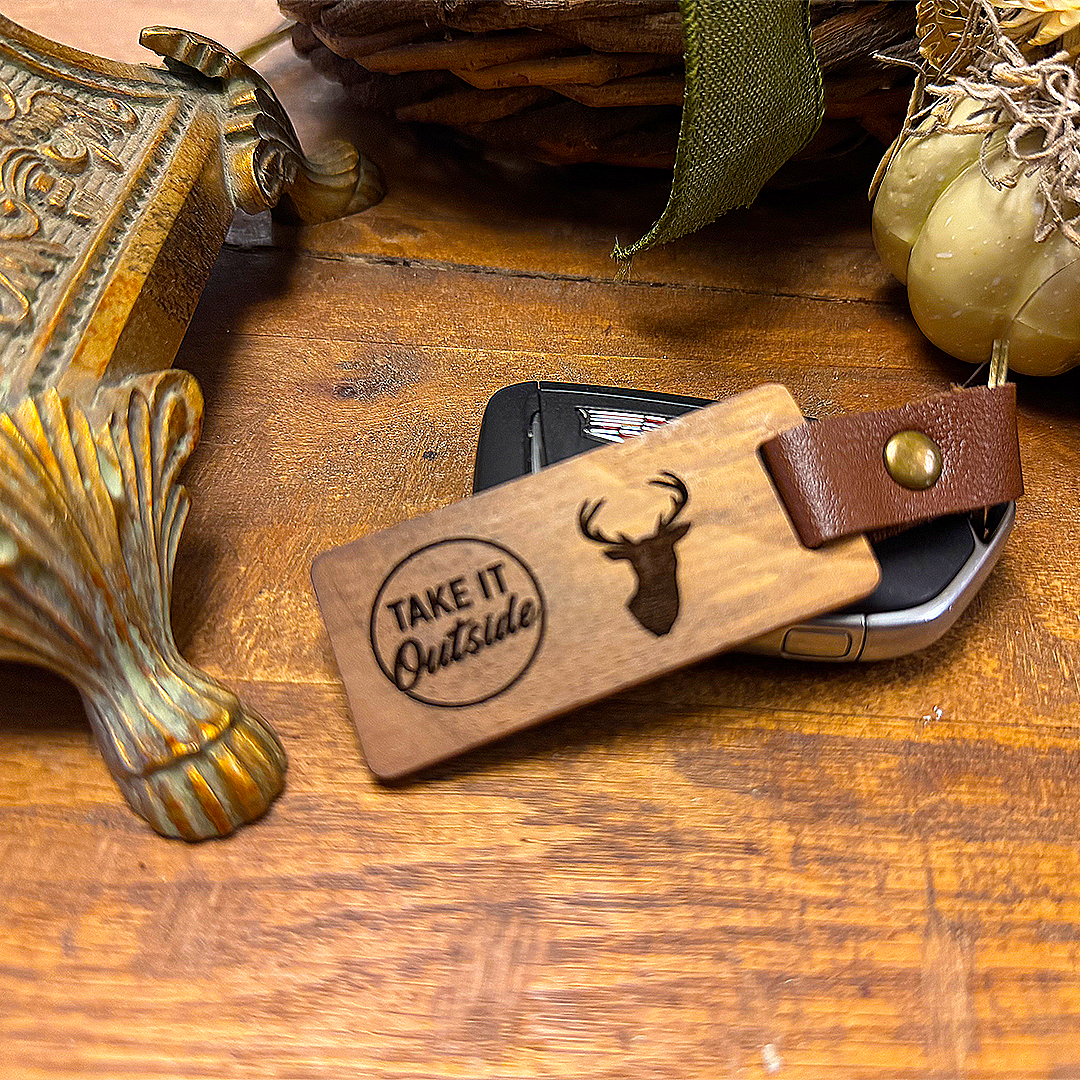 “Take It Outside” Wooden Keychain – Rustic Deer Design