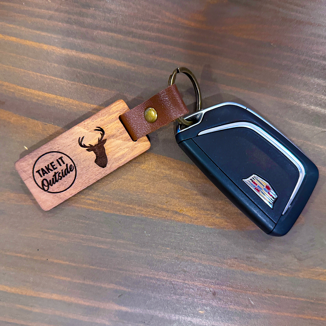 “Take It Outside” Wooden Keychain – Rustic Deer Design
